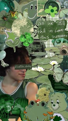 a collage of green images with flowers and animals