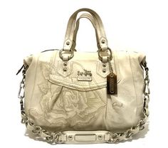 Nice Coach Madison Eggshell Floral Embroidered Leather Audrey Tote Bag Satchel Luxury Embroidered Cream Bag, Formal Embroidered Leather Shoulder Bag, Beige Embroidered Leather Bag, Embroidered Beige Leather Bag, Coach Website, Embroidered Leather, Coach Handbags, Coach Bags, Soft Leather