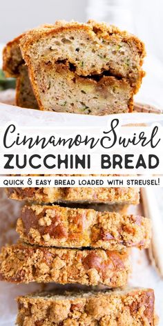 zucchini bread sliced and stacked on top of each other with text overlay