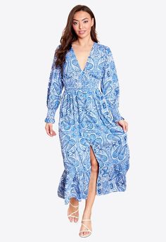 "Blue Shirred Waist Frill Midaxi Dress In Paisley Print V Neck Long Balloon Sleeves Button Details Fabric 100% Polyester Lining 100% Polyester Length 48\" (123cm) based on UK size 10 Model is a UK size 8 and her height is 5`8 Machine Washable In stock, dispatched within 1 day" Fitted Midi Dress With Paisley Print For Vacation, V-neck Paisley Print Midi Dress For Beach, Fitted Blue Paisley Print Midi Dress, Fitted Blue Midi Dress With Paisley Print, Blue Paisley Print V-neck Dress, Blue V-neck Dress With Paisley Print, Fitted Long Sleeve Midi Dress With Paisley Print, Casual Long Sleeve Midi Dress With Paisley Print, Long Sleeve Paisley Print Midi Dress For Spring