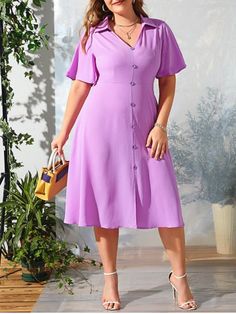 Plus Size Bell Sleeve Slit Midi A Line Dress [25% OFF] | Rosegal Midi Dress Outfit Plus Size, Elegant Midi Dress Classy Simple, Elegant Midi Dress Classy, Midi A Line Dress, High Low Midi Dress, Wardrobe Makeover