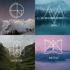 four different logos with mountains in the background