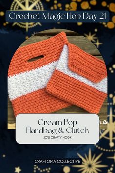 two orange and white crochet bags with the words cream pop handbags & clutch