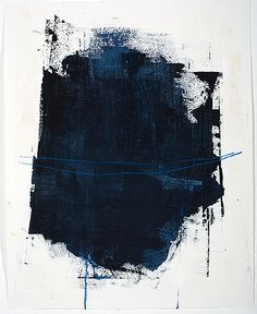 an abstract painting with blue and white paint on it's edges, against a white background