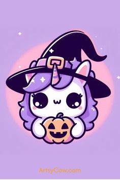 a cartoon cat wearing a witches hat and holding a pumpkin