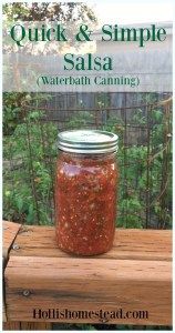 a jar filled with salsa sitting on top of a wooden table next to a fence