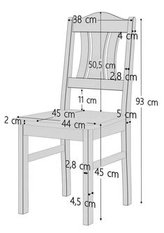 a wooden chair with measurements for the seat and back side, shown from the front