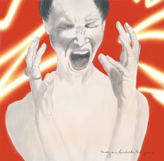 a drawing of a man screaming with his hands in front of him and an orange background