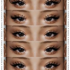 four different views of the same woman's eyes with long lashes and brown eyeliners