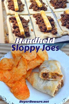 an image of sloppy joes with potato chips on the side and pulled pork in pita bread