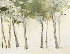 watercolor painting of trees in the snow