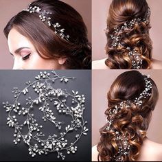 three pictures of different hairstyles and hair accessories for the bride's wedding day