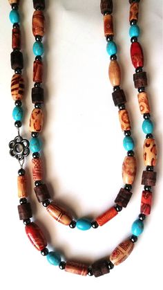 Painted Wood Beads, Boho Beaded Necklace, Long Boho Necklace, Brown And Turquoise, Long Necklace Boho, Autumn Necklace, Wrap Necklace, Wrap Necklaces, Beaded Jewelry Designs