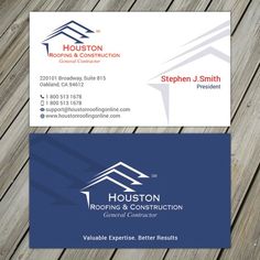 business card for roofing and construction company on wooden deck with logo design in the middle