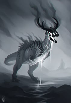 a drawing of a dragon with horns on it's head standing in the water