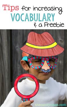 a young boy holding a magnifying glass with the title tips for increasing vocabilary and a freebie