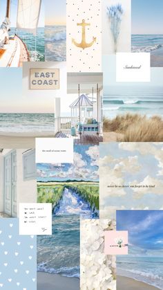 a collage of photos with the words coast and ocean in white letters on it