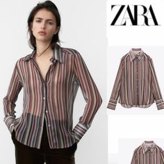 Zara Semi Sheer Striped Shirt Multicolored New With Tag Size Small Semi-Sheer Collared Shirt With Long Cuffed Sleeves. Features An Asymmetrical Hem And A Button-Up Front. This Garment Is Not Lined. Chic Multicolor Office Tops, Zara Multicolor Button-up Blouse, Zara Striped Blouse For Work, Classic Multicolor Tops For Fall, Multicolor Fall Office Tops, Classic Multicolor Fall Top, Elegant Striped Zara Top, Elegant Multicolor Tops For Workwear, Casual Multicolor Tops For Office