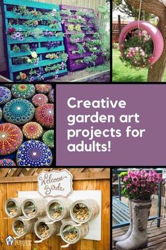 several different pictures with flowers in them and the words creative garden art projects for adults