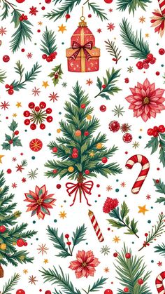 a christmas pattern with presents, candy canes and holly branches on a white background