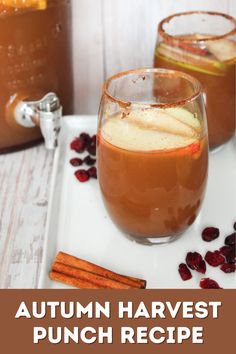 an autumn harvest punch recipe with apples, cranberries and cinnamons on a white plate