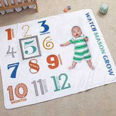 a baby laying on top of a white blanket with numbers and birth month symbols around it