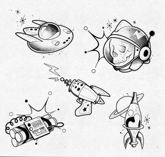 an old school tattoo design with space and rockets