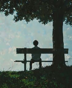 a person sitting on a bench under a tree looking at the sky with clouds in the background