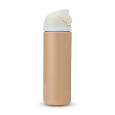 thermos insulated water bottle in tan with white lid is shown on a white background