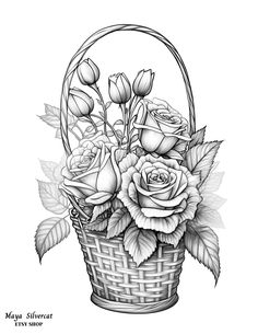 a basket filled with flowers on top of a white background and the words, roses are in