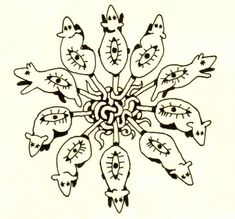 a black and white drawing of birds on a snowflake