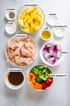 ingredients to make pineapple chicken salad laid out on a white counter top with names