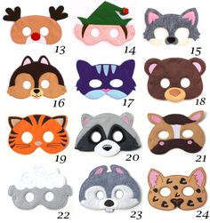 several masks with different colors and designs for children to wear on their face, including the cat