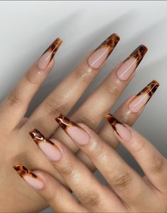 Cute Brown French Tip Nails, Turtle Print Nails, 1920s Nails Roaring 20s, Brown French Tip Nails, Frenchies Nails, Brown French Tip, Tortoise Shell Nails, Brown French, Acrylic Toe Nails