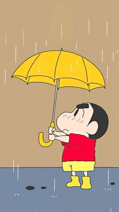 a cartoon character holding an umbrella in the rain while wearing yellow boots and a red shirt