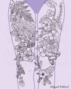 an adult's leg with flowers and leaves on it, drawn in black ink