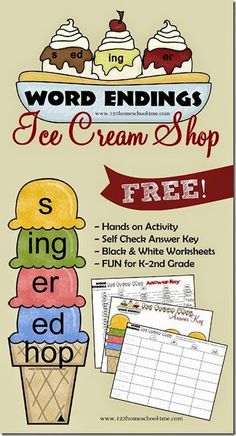 Word Endings Ice Cream Shop - What a fun, free printable educational game for kids working on word endings - s, er, ing, ed. This is a fun hands on activity for Kindergarten, 1st grade, and 2nd grade kids in homeschool, after school, or classrooms. Suffix Activities, Word Endings, Ing Words, Ice Cream Theme, Reading Games, Free Word, 2nd Grade Reading, First Grade Reading