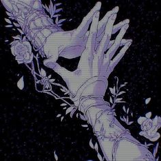 two hands reaching for each other in front of flowers and leaves on a black background