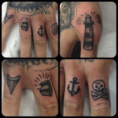 four pictures of different hand tattoos with symbols on them, including an anchor and lighthouse