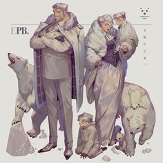 three people standing next to each other with polar bears around them and one man holding an umbrella