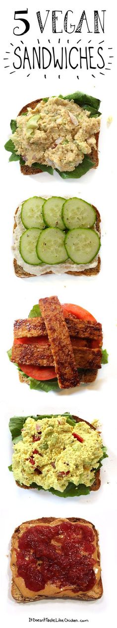 several sandwiches with different toppings on them and the words vegan sandwiches written in cucumber