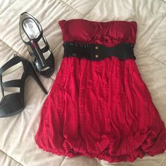 This Dress Was Purchased At A Boutique In San Diego Near Bettie Page Store. I Bought And Never Wore. This Dress Is A Blood Red Color With Gill Like Ruffles Running Down Bottom Of Skirt. The Bottom Is Lined And Poofy Like, See Pics. Comes With The Belt Which Is A Black Faux Leather. Top Is Padded But Still Need A Bra Cuz It Does Not Give Any Support. Size Says Large But Runs Small So Fits A 4-6. See Pics For Detailed Measurements! Fitted Mini Dress With Belt For Summer, Red Strapless Dress For Summer Night Out, Red Strapless Dress For Night Out In Summer, Spring Dresses With Belt For Night Out, Spring Night Out Dresses With Belt, Red Belted Party Dress, Red Belted Dress For Party, Dressy Red Mini Dress For Summer, Strapless Belted Summer Dresses