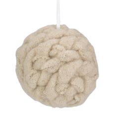 a white ball ornament hanging from a string on a white background with a cord