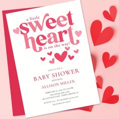 a little sweet heart is on the way baby shower card with red paper hearts scattered around it