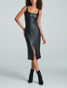 Made from our fan-favorite faux leather, The Faux Leather Midi Tank Dress has impressive four-way stretch and a real leather look and feel. And it's machine washable. Falls below the knee. Sexy front slip. You won't wanna take it off. Product Details     Four-way stretch faux leather body (97% viscose, 3% elastane with polyurethane coating)   Fit-tested by real women  Four-way stretch and high recovery  Square neck  Machine washable  Item FLT316 Leather Bodycon Dress For Night Out, Fitted Leather Club Dress, Sleek Knee-length Faux Leather Dress, Sleek Faux Leather Dress For Night Out, Knee-length Faux Leather Club Dress, Body Hugging Dress, Midi Tank Dress, Real Women, Above The Knee