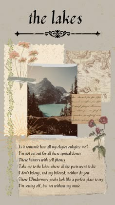 a collage of photos with the words, mountains and flowers on it's side