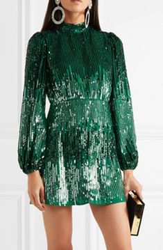 Gown Rental, Drape Sleeves, Green Sequins, Sequin Mini Dress, Balloon Sleeves