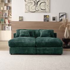 a living room with a green couch and bookshelf