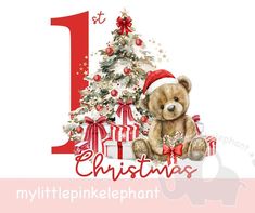 a brown teddy bear sitting next to a christmas tree with presents on the bottom and number one