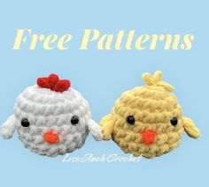 two small crocheted chickens sitting next to each other with the words free patterns